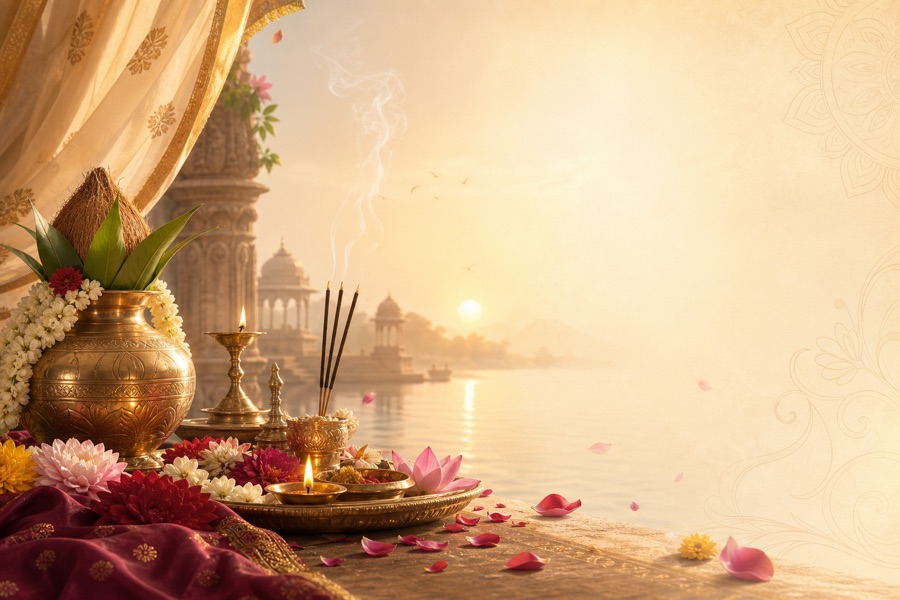 Traditional puja thali with kalash, marigolds and diya