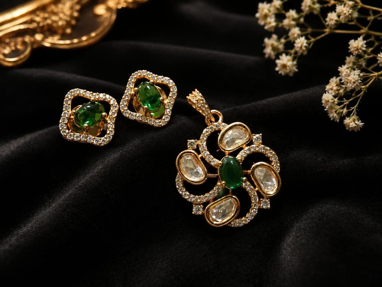 Royal Emerald Green & Polki Kundan Floral Pendant Set with Matching Stud Earrings
