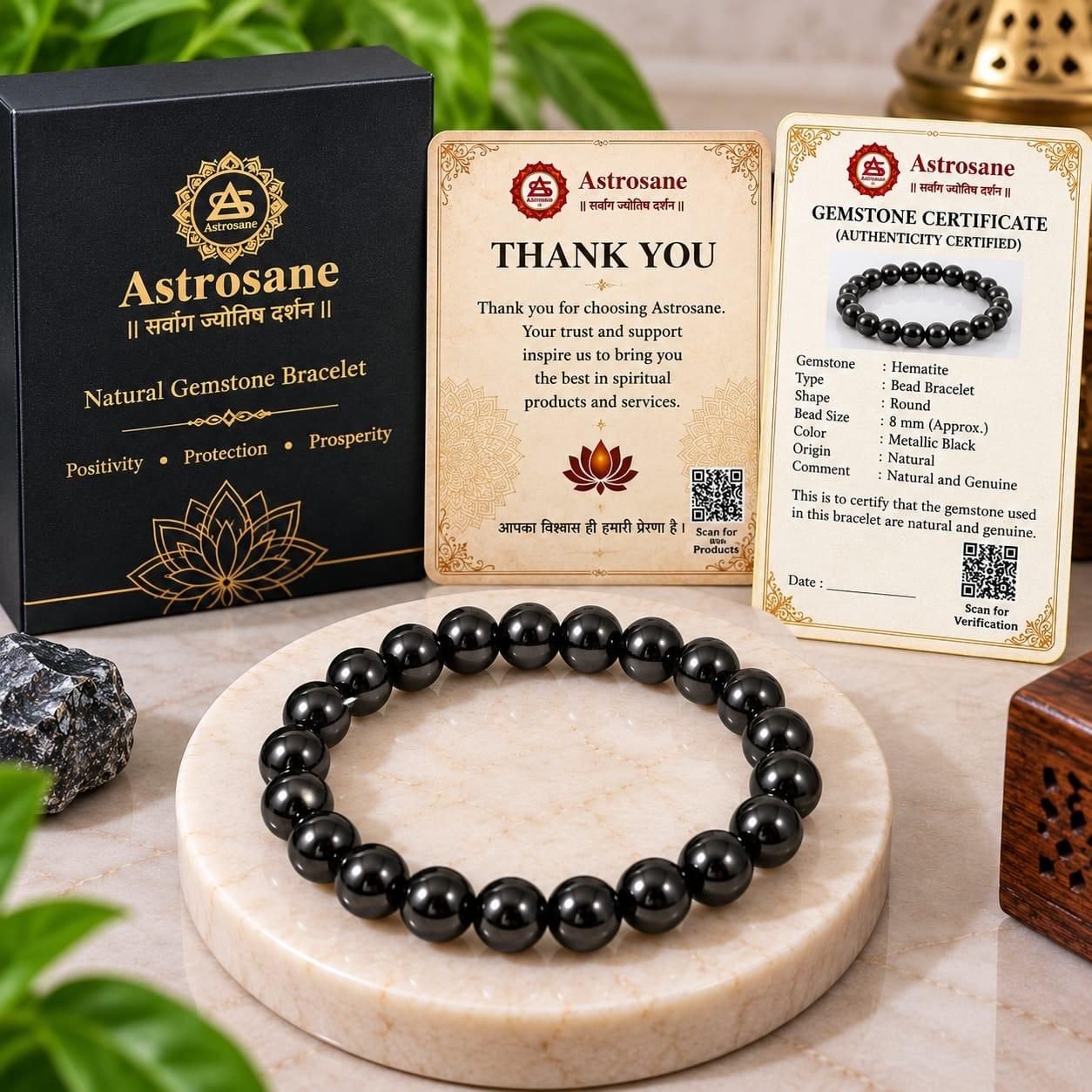 Original Natural Hematite Bracelet – 100% Genuine Gemstone Bead Wristband for Grounding, Negative Energy Protection, Focus & Stability