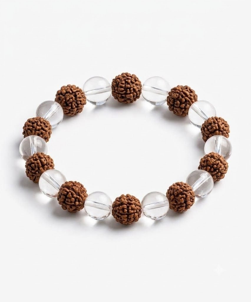 Original Natural Rudraksh Sphatik Bracelet – 100% Authentic Rudraksha & Clear Quartz Crystal Bead Wristband for Peace, Protection & Positive Energy