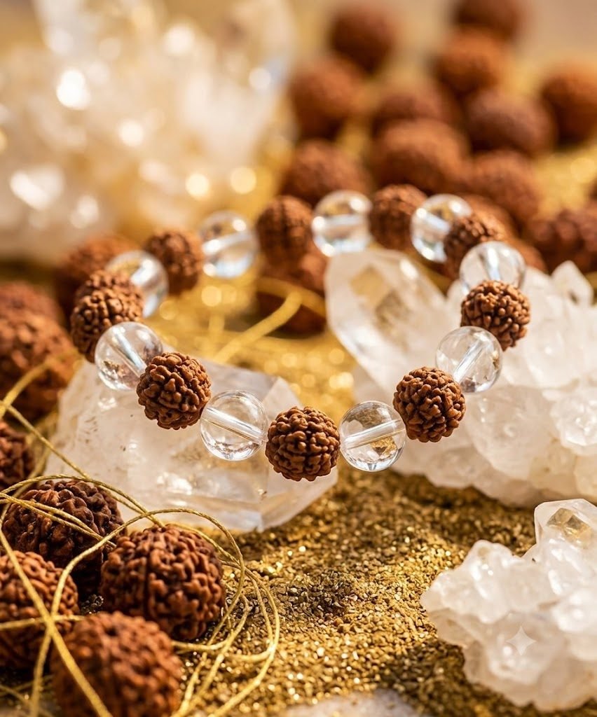 Original Natural Rudraksh Sphatik Bracelet – 100% Authentic Rudraksha & Clear Quartz Crystal Bead Wristband for Peace, Protection & Positive Energy