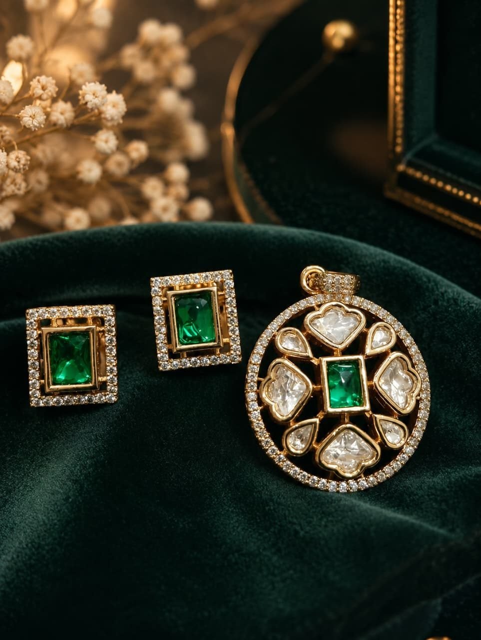 Royal Emerald Green & Polki Circular Pendant Set with Geometric Stud Earrings